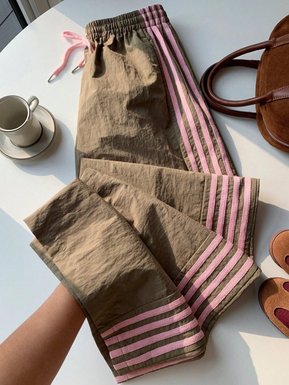 brown Casual Women's pink Side Stripe Elastic Waist Loose Sweatpants